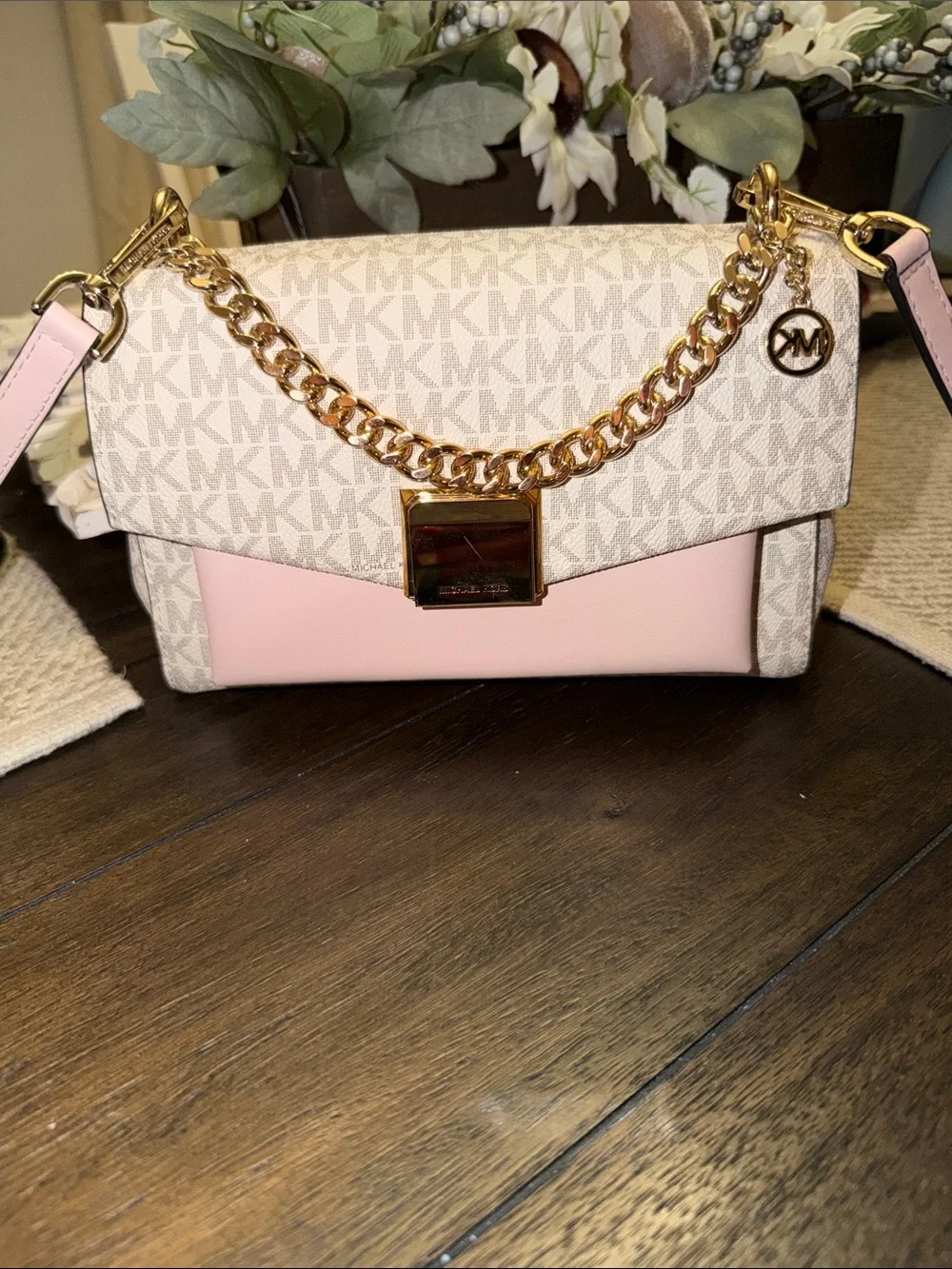 Michael Kors Lita Medium Two-Tone Logo Crossbody Bag in a powder blush